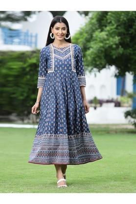 printed cotton round neck women's ethnic dress - indigo