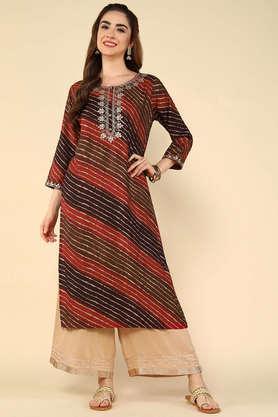 printed cotton round neck women's festive wear kurta - maroon