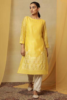 printed cotton round neck women's festive wear kurta - yellow