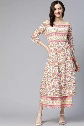 printed cotton round neck women's gown - white