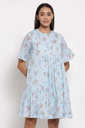 printed cotton round neck women's knee length dress - blue