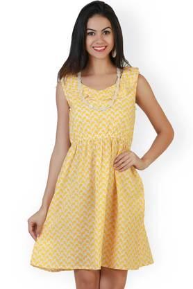 printed cotton round neck women's knee length dress - yellow