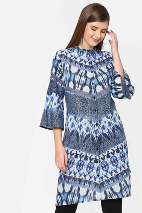 printed cotton round neck women's kurta - blue