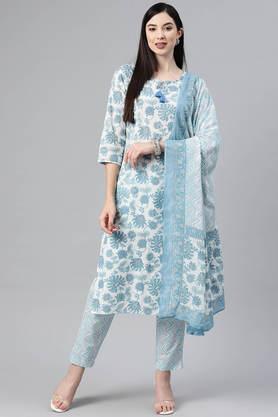 printed cotton round neck women's kurta palazzo dupatta set - blue