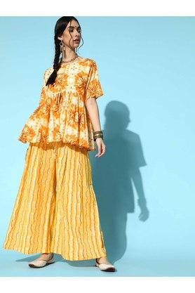 printed cotton round neck women's kurta palazzo set - orange