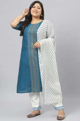 printed cotton round neck women's kurta pant dupatta set - blue