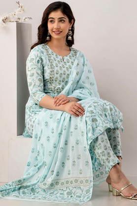 printed cotton round neck women's kurta pant dupatta set - blue