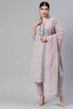 printed cotton round neck women's kurta pant dupatta set - mauve