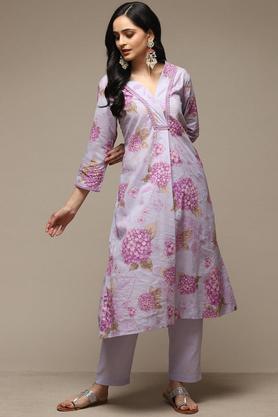 printed cotton round neck women's kurta pant set - lavender