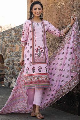 printed cotton round neck women's kurta pant set - lilac