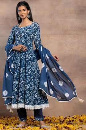 printed cotton round neck women's kurta set - blue