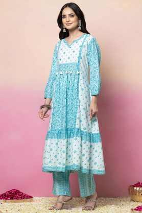 printed cotton round neck women's kurta set - blue