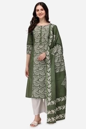 printed cotton round neck women's kurta set - green