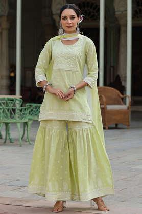printed cotton round neck women's kurta sharara dupatta set - lime green