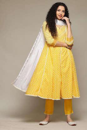 printed cotton round neck women's kurta trouser dupatta set - yellow