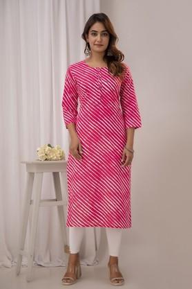 printed cotton round neck women's kurti - pink