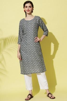 printed cotton round neck women's kurti - teal