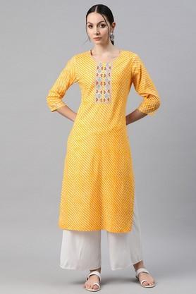 printed cotton round neck women's kurti - yellow