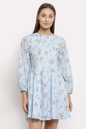 printed cotton round neck women's midi dress - blue