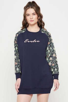 printed cotton round neck women's mini dress - navy