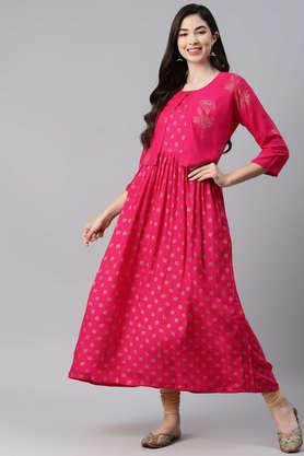 printed cotton round neck women's party wear kurti - pink