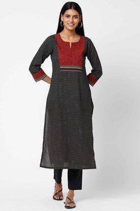 printed cotton round neck women's relaxed fit kurta - black