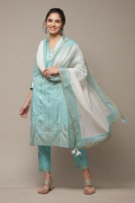 printed cotton round neck women's salwar kurta dupatta set - aqua