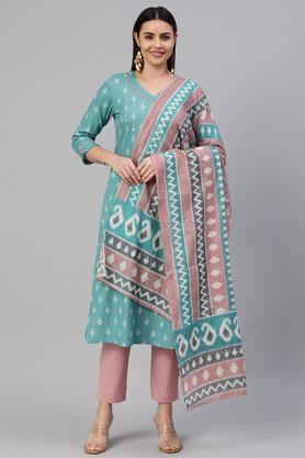 printed cotton round neck women's salwar kurta dupatta set - blue