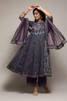 printed cotton round neck women's salwar kurta dupatta set - indigo