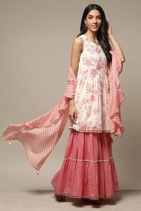 printed cotton round neck women's salwar kurta dupatta set - off white