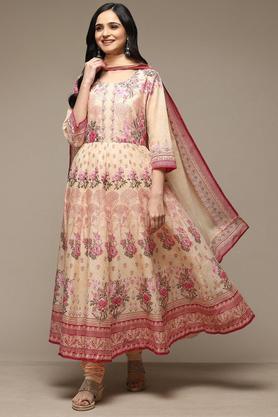 printed cotton round neck women's salwar kurta dupatta set - pink