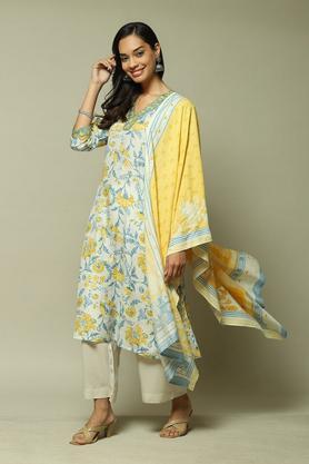 printed cotton round neck women's salwar kurta dupatta set - yellow