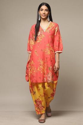 printed cotton round neck women's salwar suit - coral