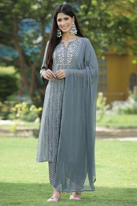printed cotton round neck women's salwar suit - grey