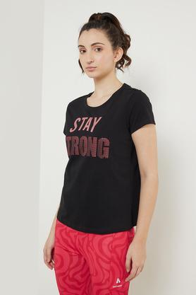 printed cotton round neck women's t-shirt - black