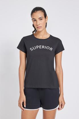 printed cotton round neck women's t-shirt - black