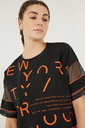 printed cotton round neck women's t-shirt - black