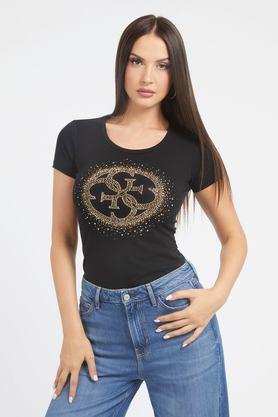 printed cotton round neck women's t-shirt - black