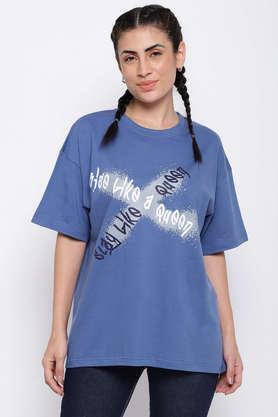 printed cotton round neck women's t-shirt - blue