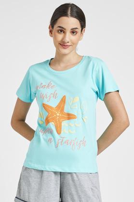 printed cotton round neck women's t-shirt - blue