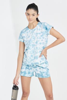 printed cotton round neck women's t-shirt - blue