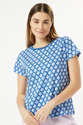 printed cotton round neck women's t-shirt - blue