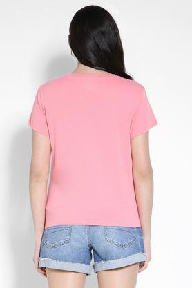 printed cotton round neck women's t-shirt - coral