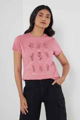 printed cotton round neck women's t-shirt - dusty pink