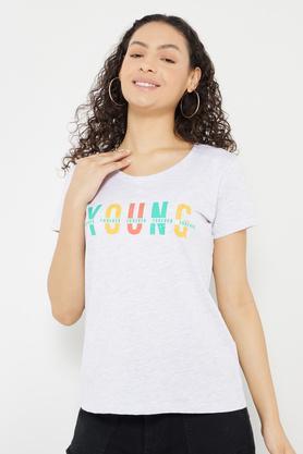 printed cotton round neck women's t-shirt - grey melange