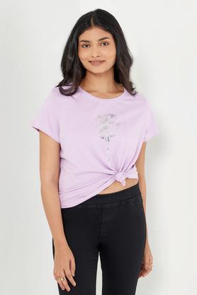 printed cotton round neck women's t-shirt - lavender