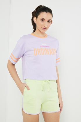 printed cotton round neck women's t-shirt - lilac