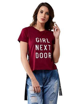 printed cotton round neck women's t-shirt - maroon
