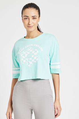 printed cotton round neck women's t-shirt - mint