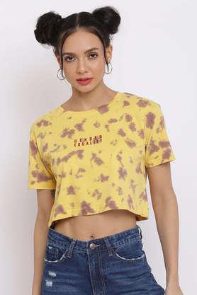 printed cotton round neck women's t-shirt - mustard